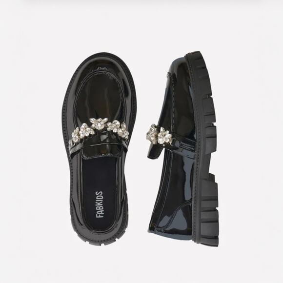 FabKids Black Gemstone Loafers - Size 4 Girls - Picture 1 of 4